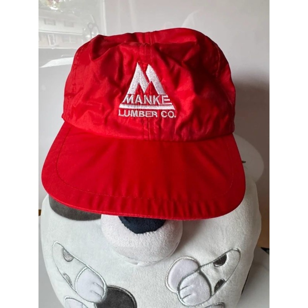 Vintage Manke Lumber Co Red Nylon Snapback Hat Mountain Logo Workwear Cap‎